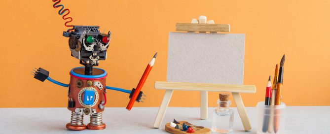 Robot artist begins to create a drawing with a pencil.