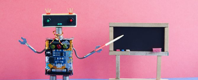 Robot teacher explains modern theory.
